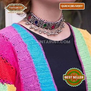 Vintage Kuchi Choker, Afghan Silver Choker with Multicolor Glass Stones and Bead